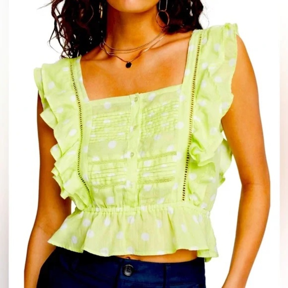 Scotch & Soda XS Neon Green Polka Dot Ruffle Peplum Tank Top Blouse